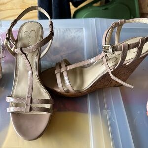 Beige open toe wedges